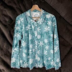Life is Good Women's Large Green 100% Cotton Snap Up L/S Pajama Top Snowflake